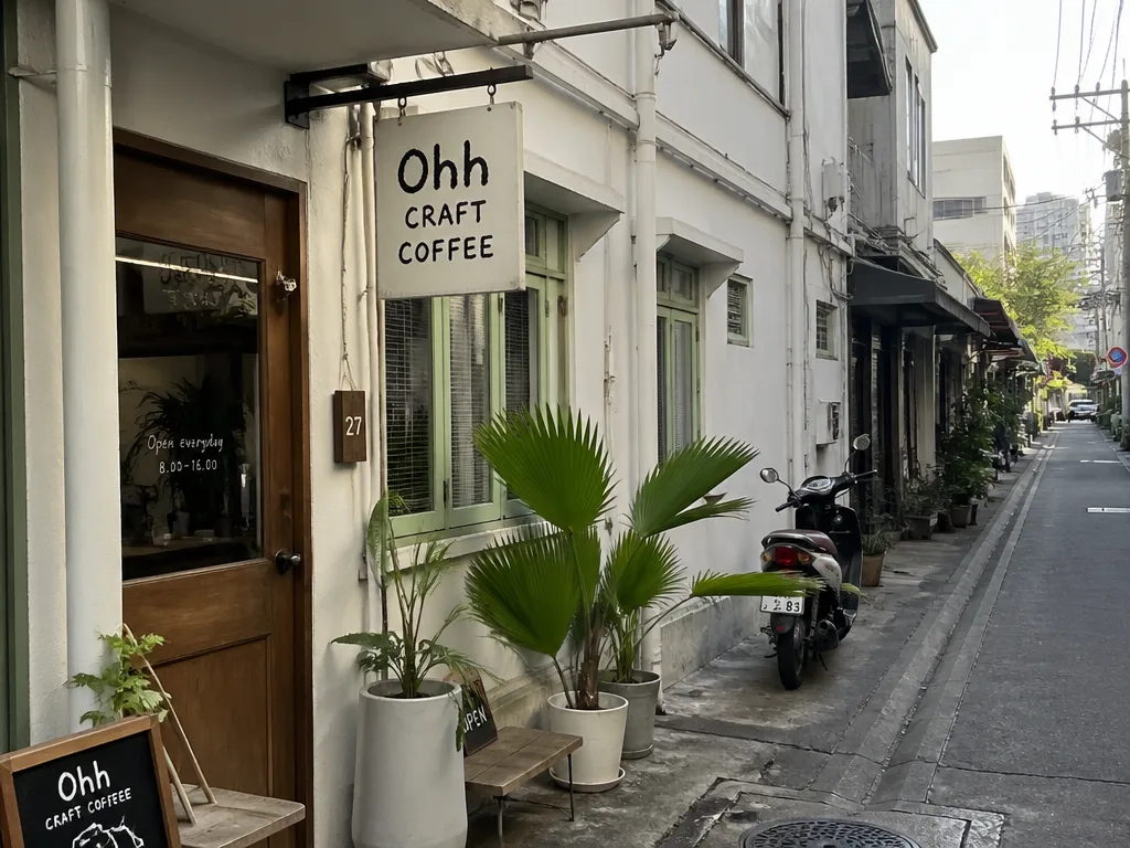 Quiet Soi Ari side street with two-story shophouses, potted plants, and a small cafe sign