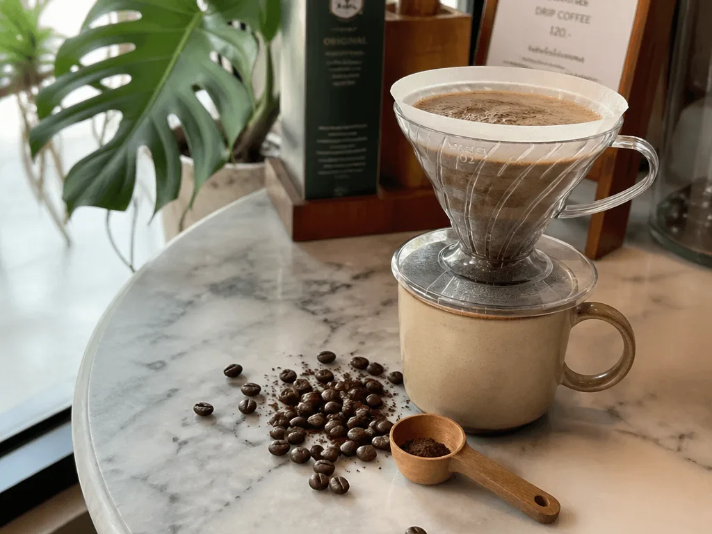 Pour-over coffee setup with a Hario V60 and a small ceramic cup at a specialty cafe