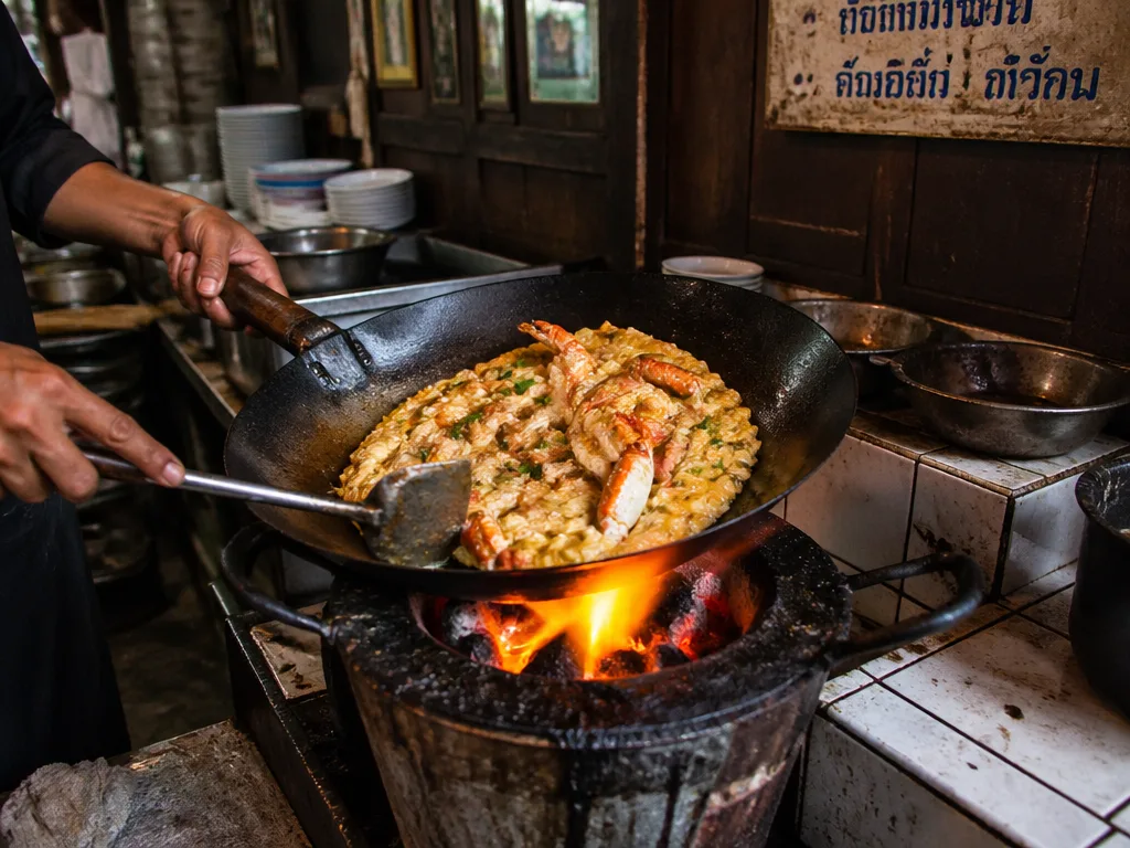 Jay Fai Bangkok crab omelette being cooked over charcoal fire