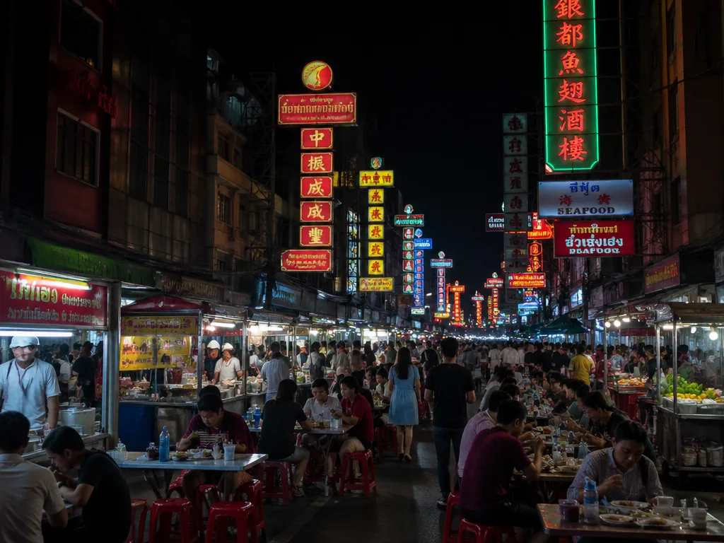 Bangkok Yaowarat Chinatown street food stalls at night with neon signs