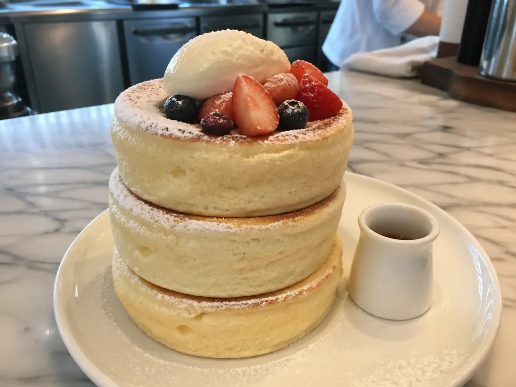 高く積み上げた日本式スフレパンケーキ 、 粉砂糖をまぶしフレッシュベリーをのせて