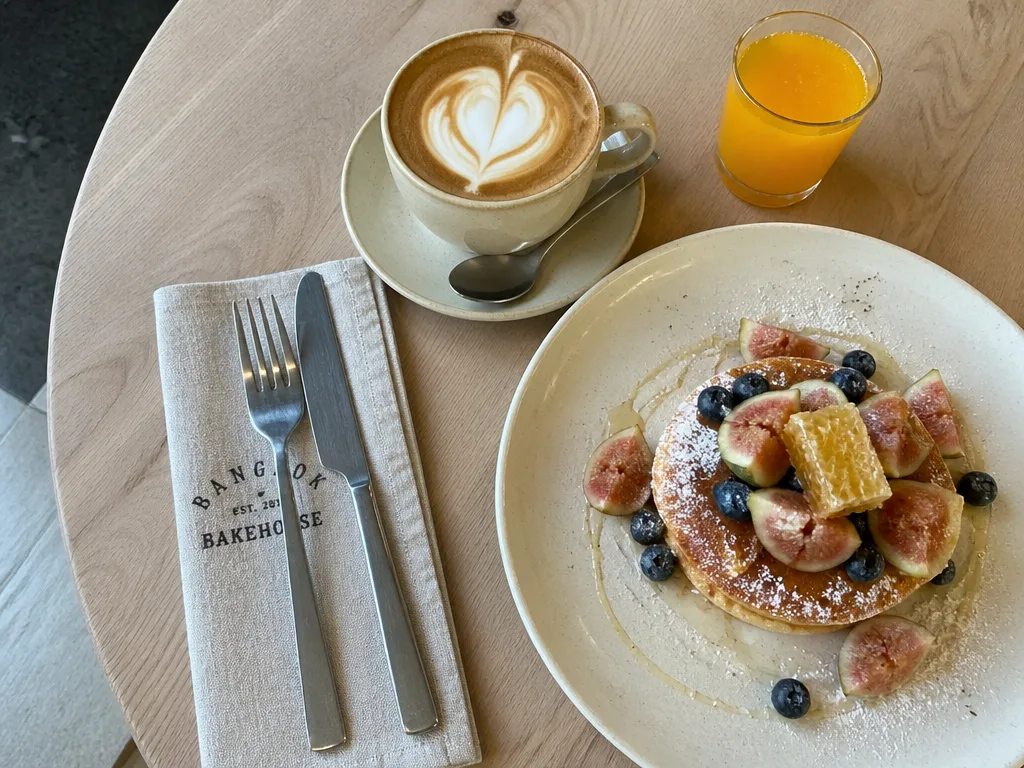 フラットホワイトとリコッタ・ホットケーキが並ぶバンコクカフェのブランチ卓上フラットレイ