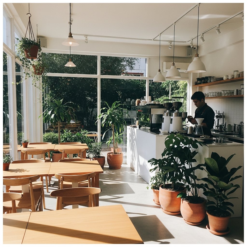 Bright cafe interior with natural light streaming through windows and wooden furnishings