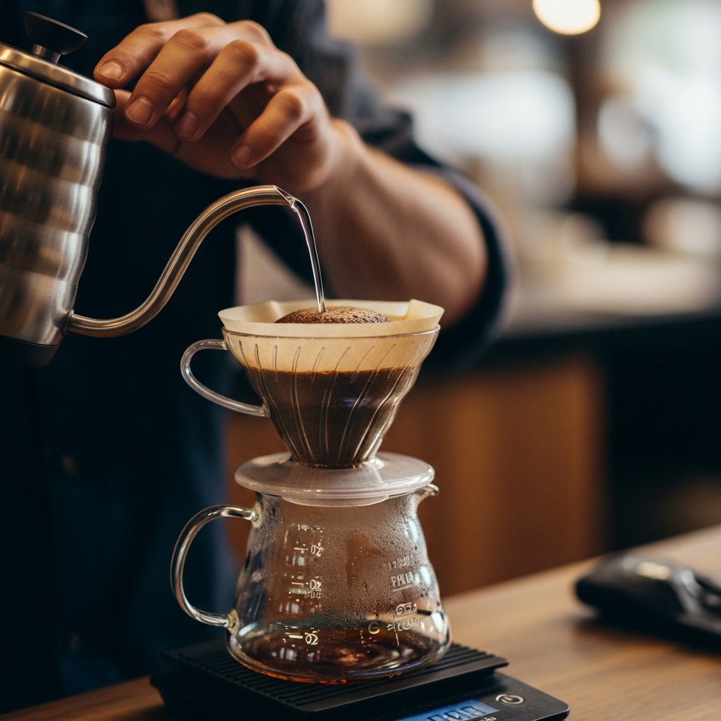 Specialty coffee pour-over being prepared with precision in a Bangkok cafe