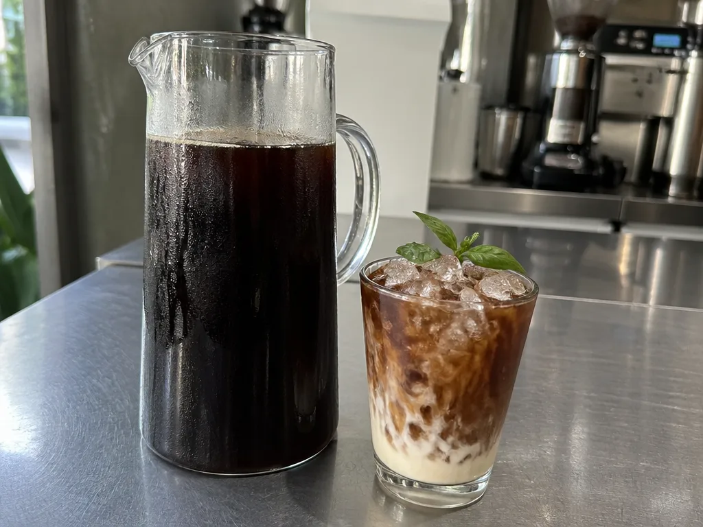 コールドブリュージャーと氷・練乳を加えたタイ式オーリアングラス