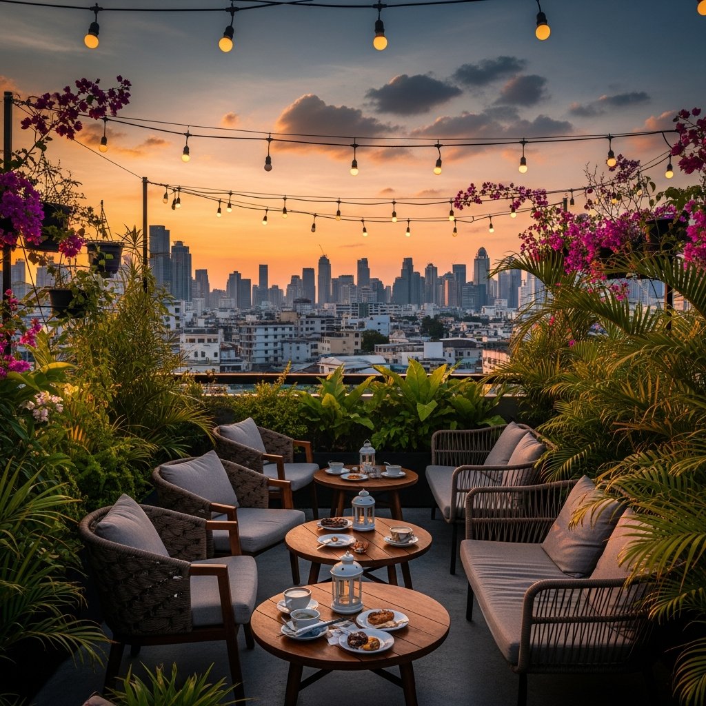 Cafe terrace with morning light, potted plants, and a laid-back weekend atmosphere