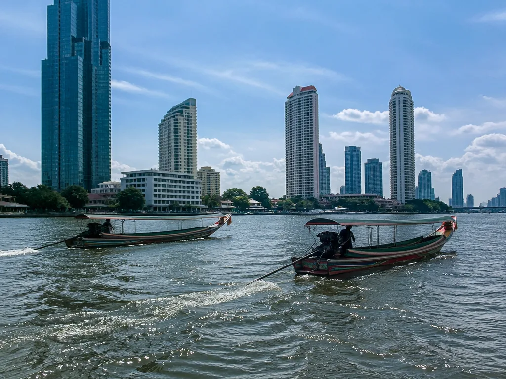 Chao Phraya river with longtail boats and Bangkok skyline