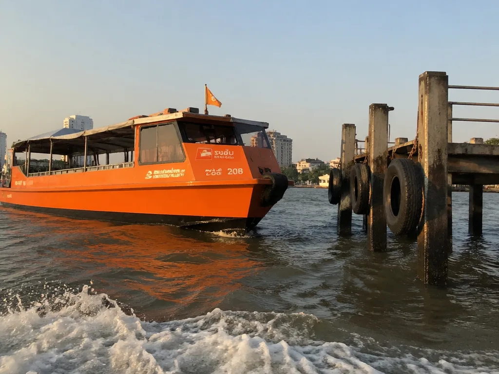 Orange flag Chao Phraya express boat approaching pier
