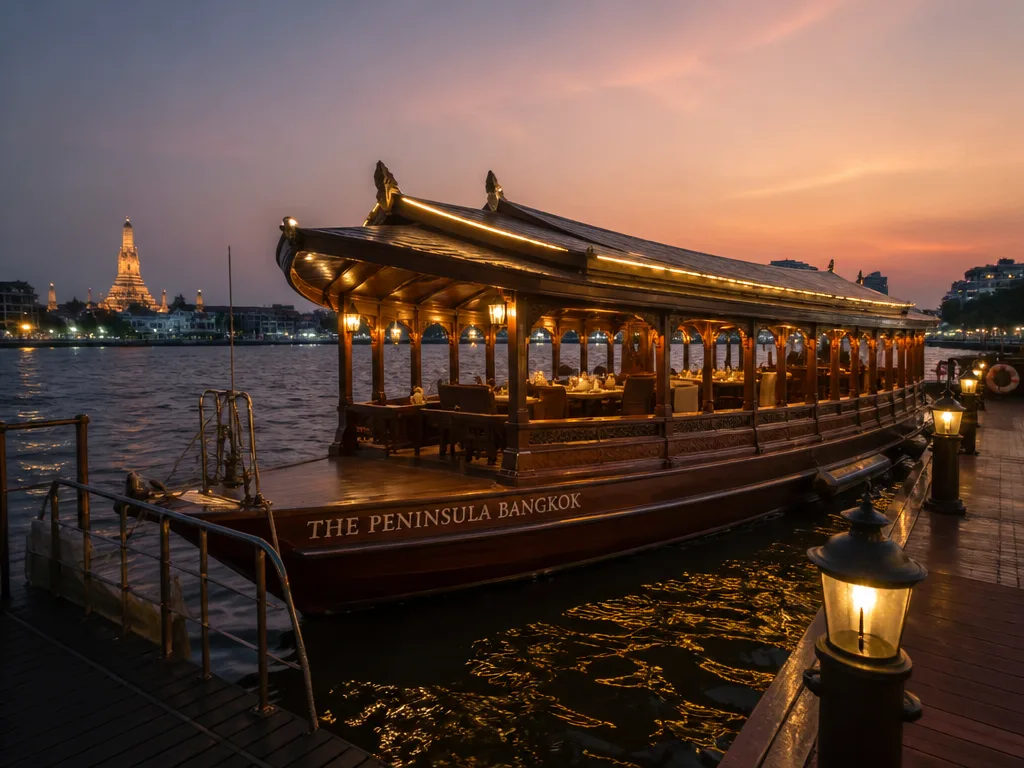 Luxury teak dinner cruise boat on the Chao Phraya at night