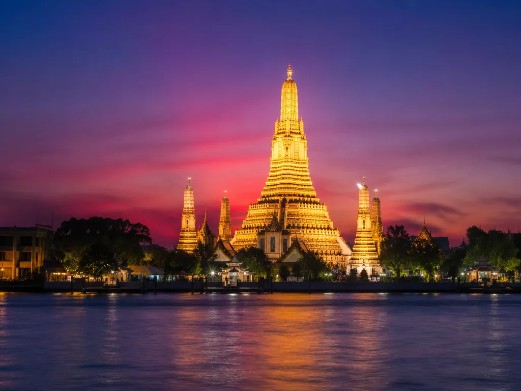 Sunset view of Wat Arun lit up across the Chao Phraya river