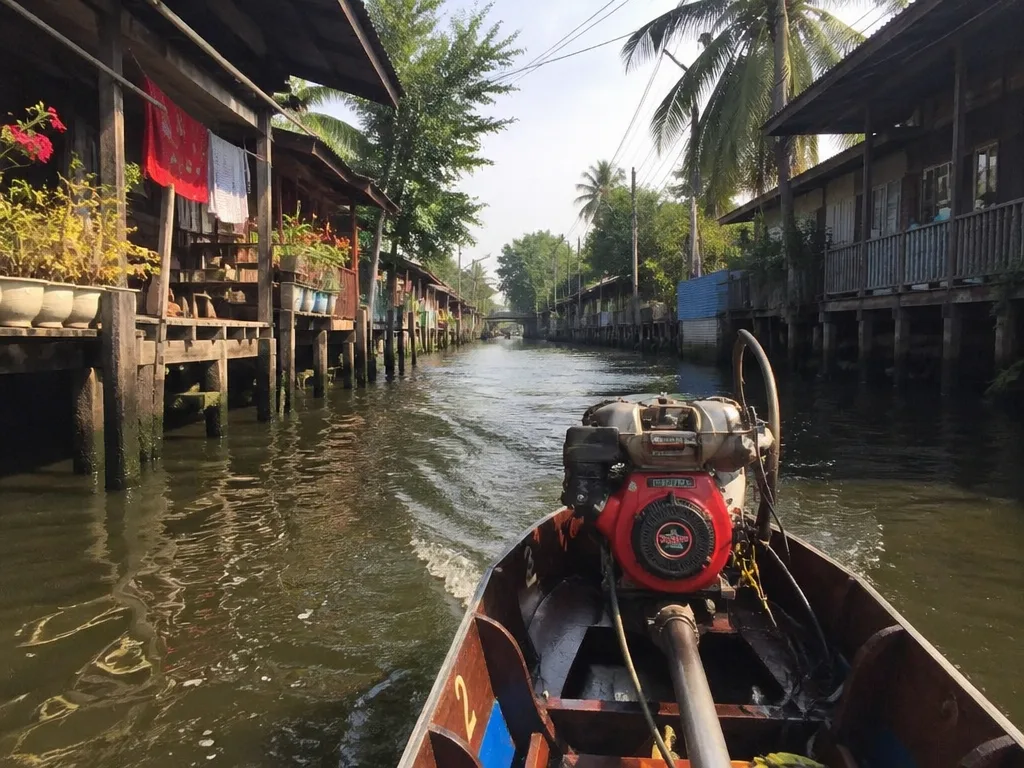 Longtail canal boat passing wooden stilt houses in Thonburi klongs