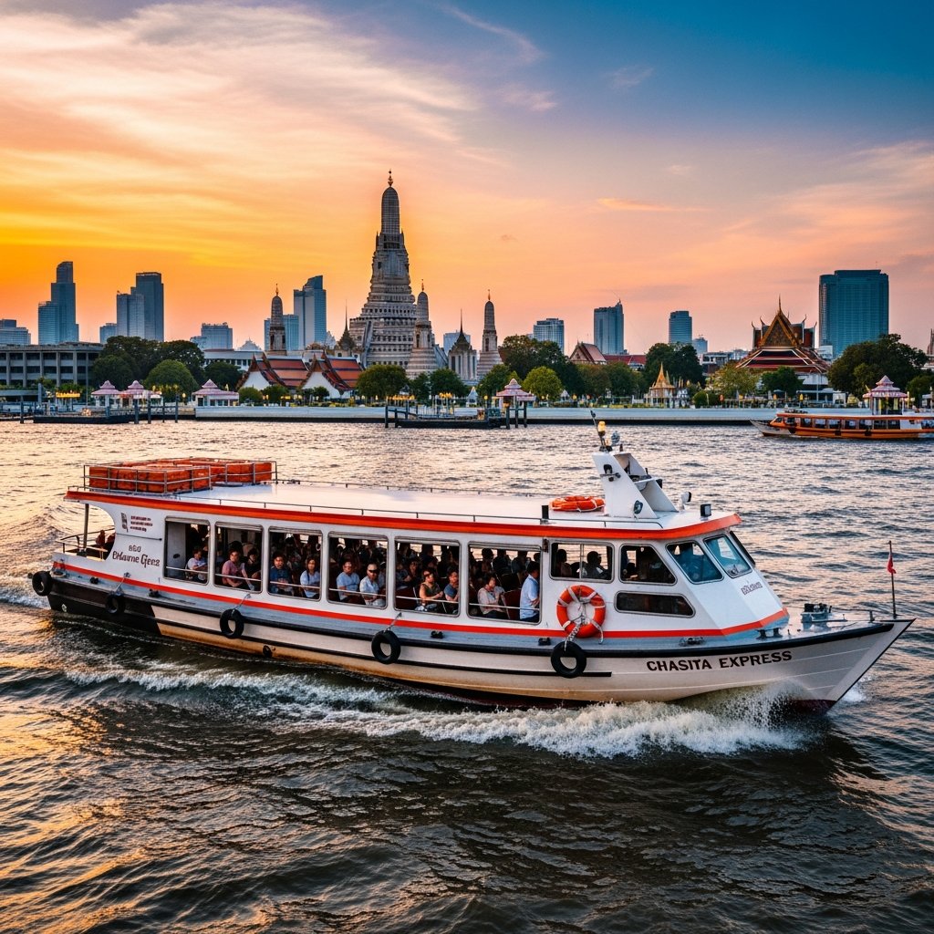 Bangkok river boat on Chao Phraya with city skyline