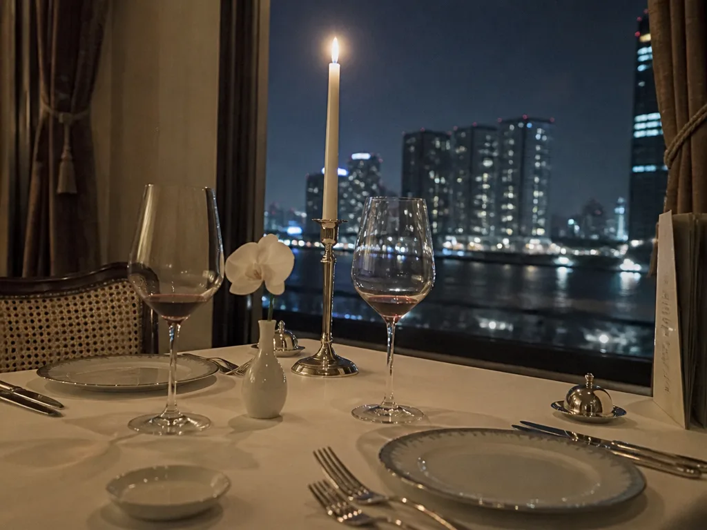 Set fine-dining table for two with candle and wine glasses
