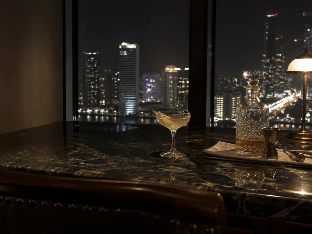 Coupe cocktail on dark marble hotel bar counter with skyline
