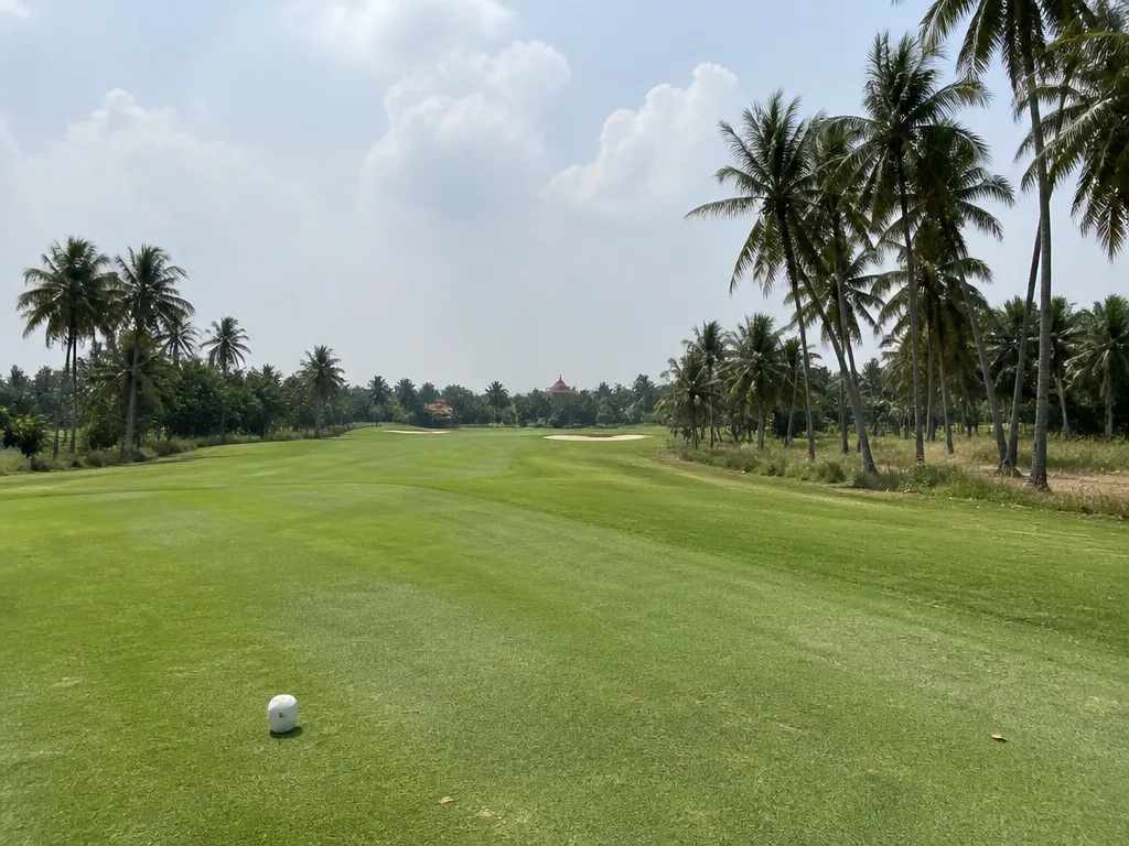 Manicured championship fairway lined with coconut palms near Bangkok