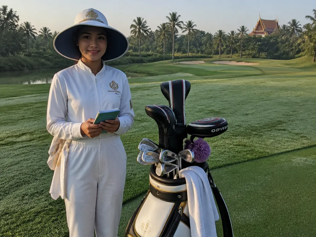 Female caddie in white uniform and wide-brim hat on a Thai fairway