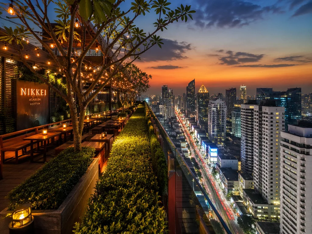 Above Eleven rooftop garden on Sukhumvit Soi 11 at dusk