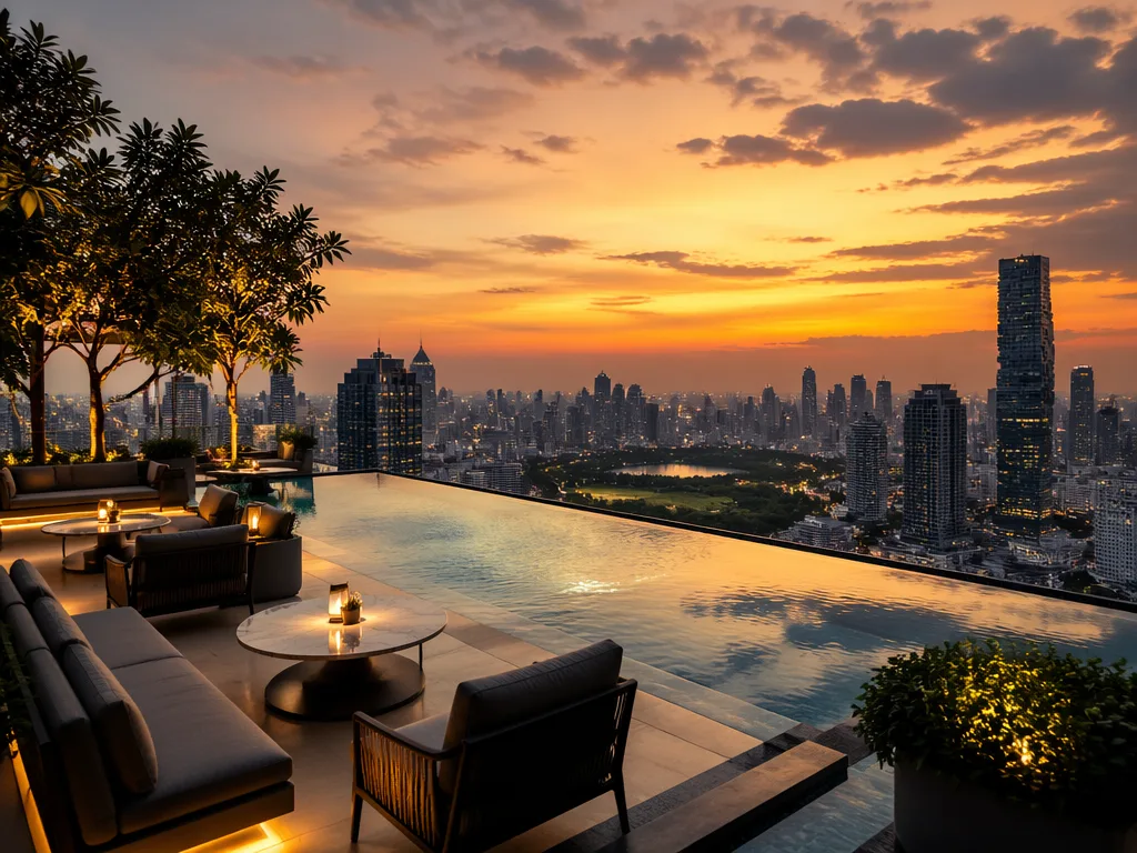 Zoom Sky Bar pool-edge terrace at Anantara Sathorn at dusk