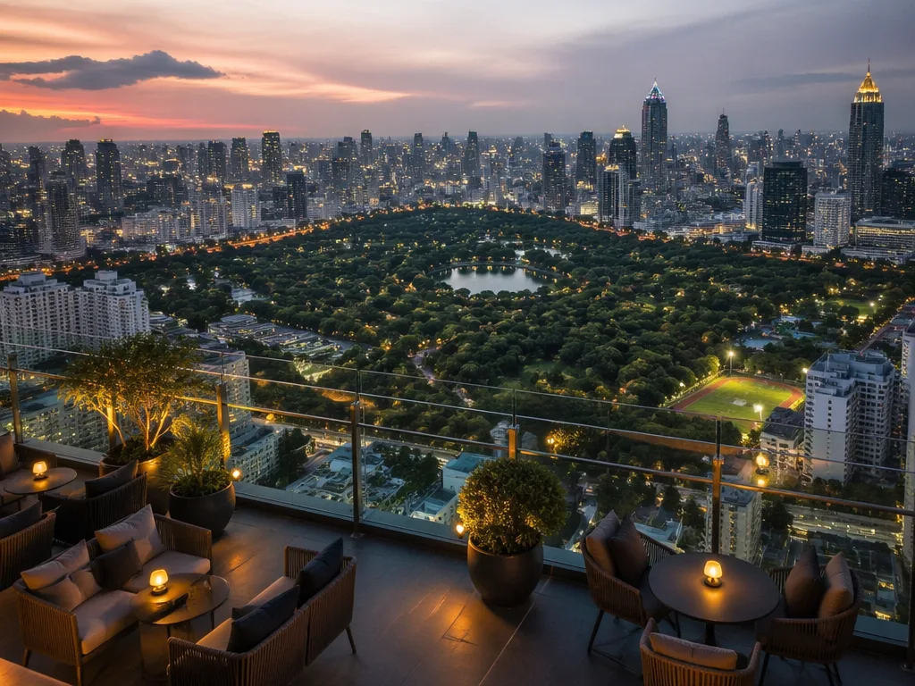 Park Society rooftop looking down at Lumphini Park at dusk