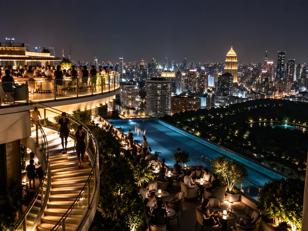 HI-SO rooftop at SO/ Bangkok with infinity pool and city skyline at night