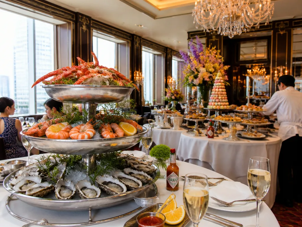 Grand hotel ballroom Sunday brunch spread with seafood towers champagne and dessert stations