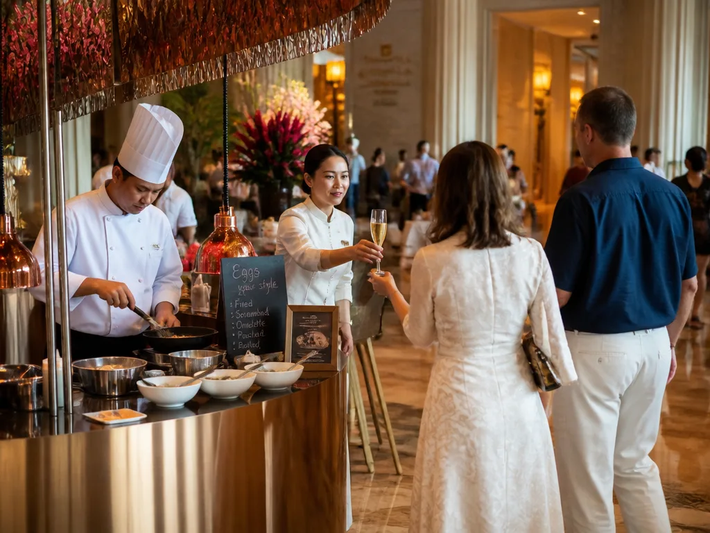Shangri-La NEXT2 Bangkok hotel brunch prosecco welcome and live cooking station