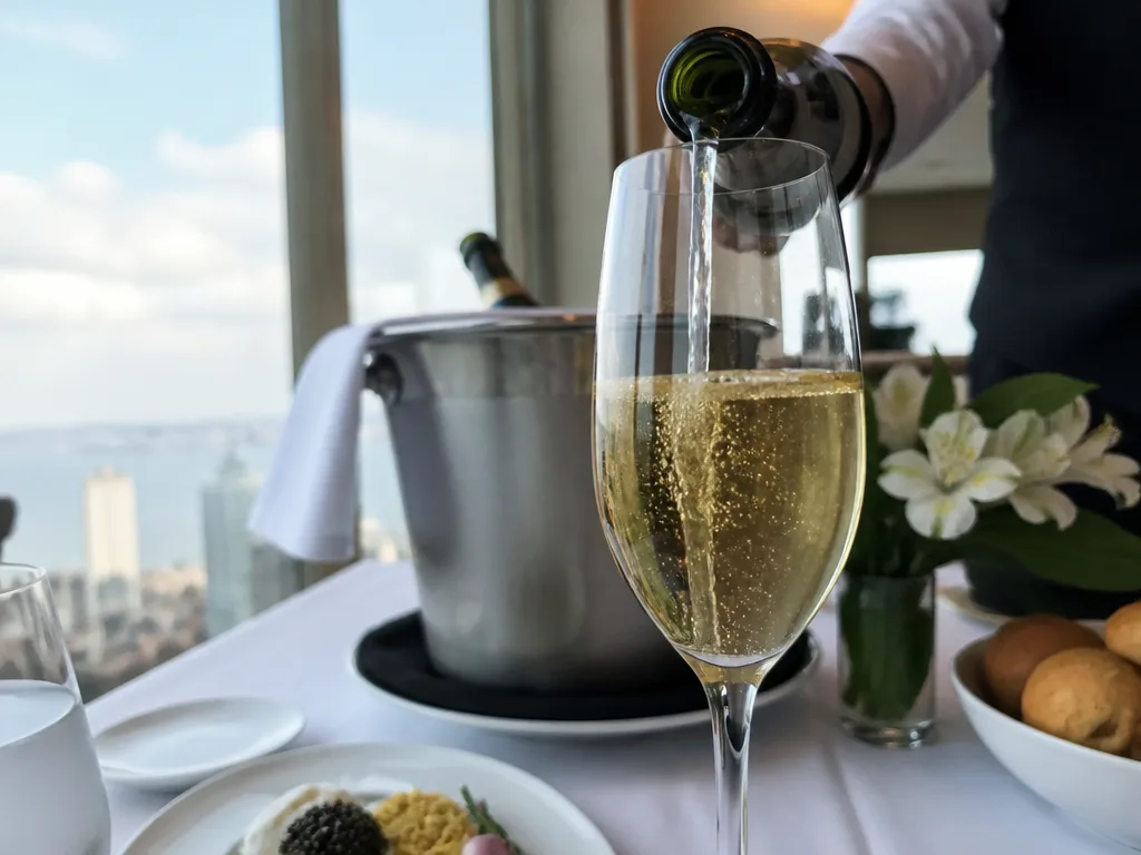 Champagne flute being poured at a luxury Bangkok hotel Sunday brunch