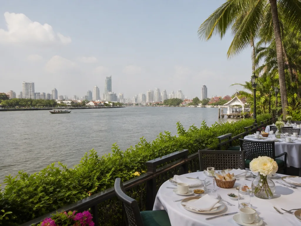 Riverside hotel brunch terrace along Chao Phraya River Bangkok with city skyline view