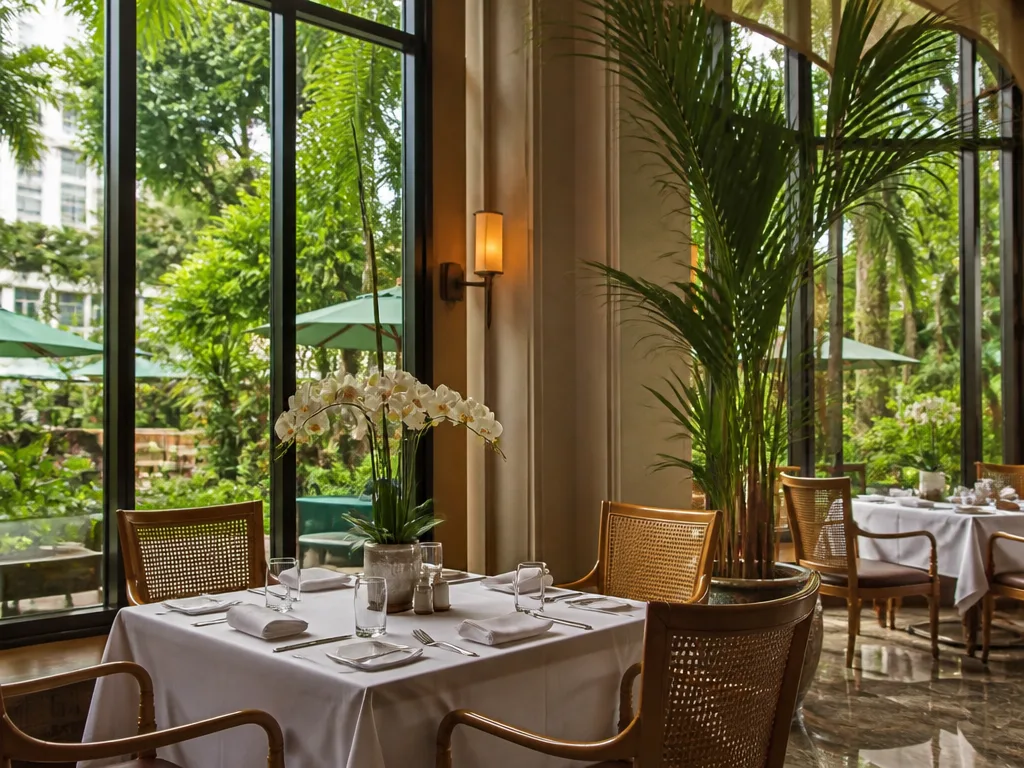 Anantara Siam Secret Garden hotel brunch interior with lush tropical garden setting