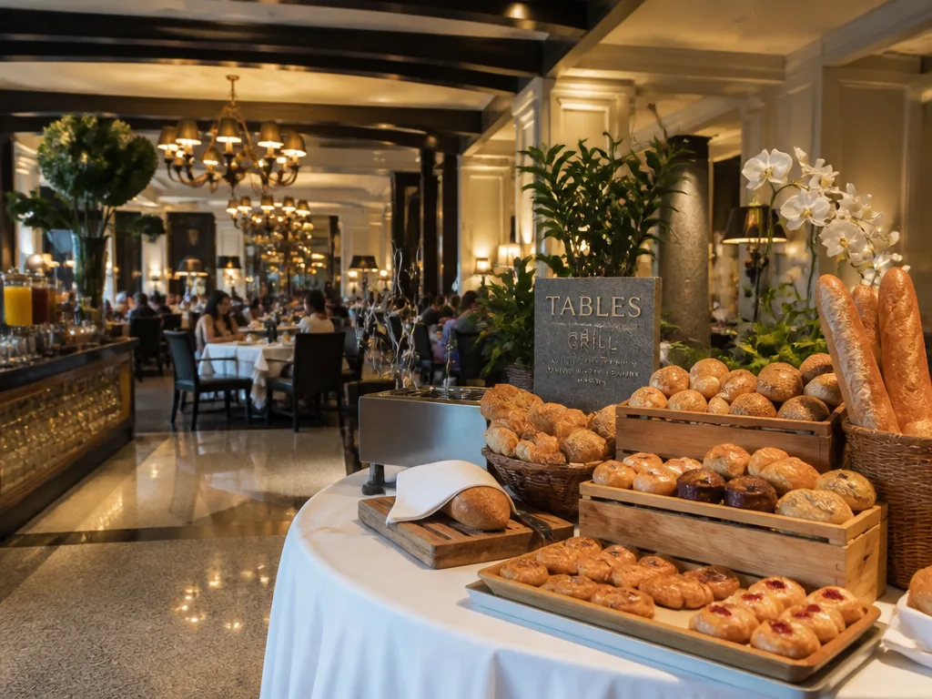 Grand Hyatt Erawan Tables Grill interior with dessert station and buffet spread