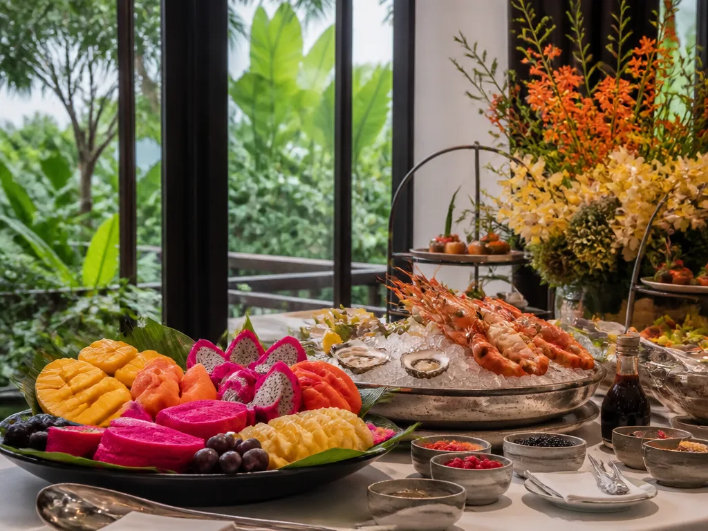 Capella Bangkok riverside brunch with tropical fruit and seafood on white linen