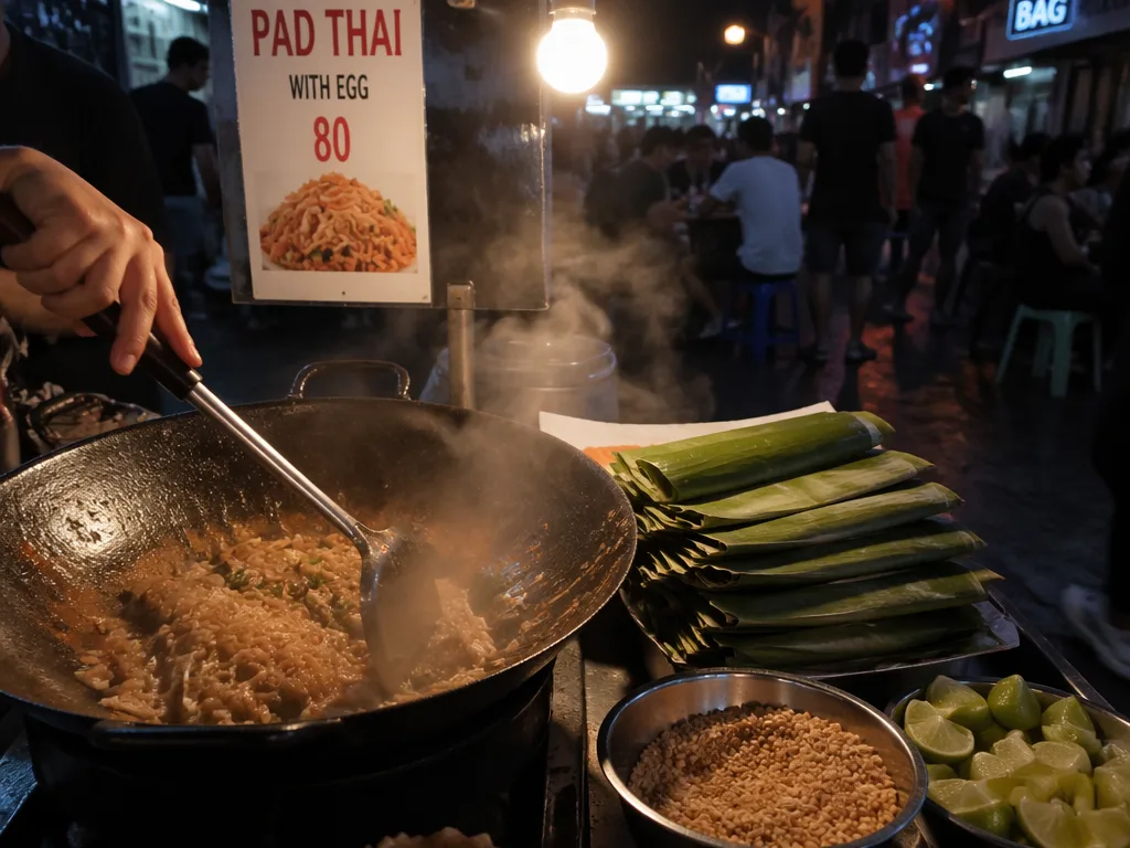 Pad thai street food stall on Khao San Road with steaming wok and folded banana leaf wrappers