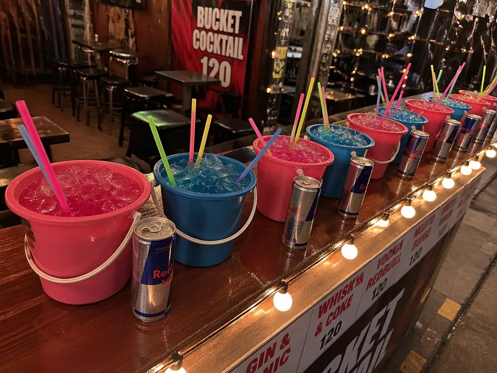 Stacked plastic buckets of cocktails lined up on a Khao San Road sidewalk bar counter
