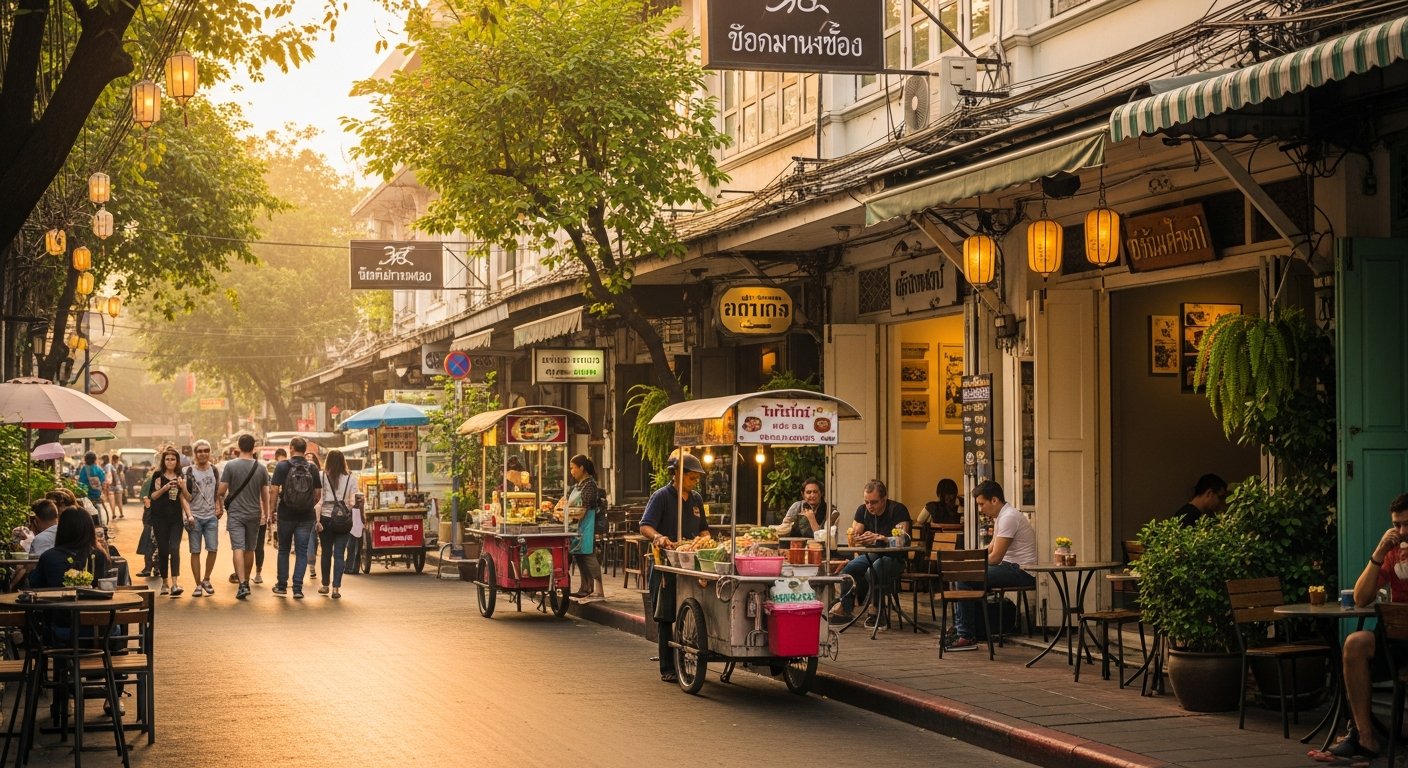 バンコクの住宅街、ローカルショップと屋台が並ぶ通り