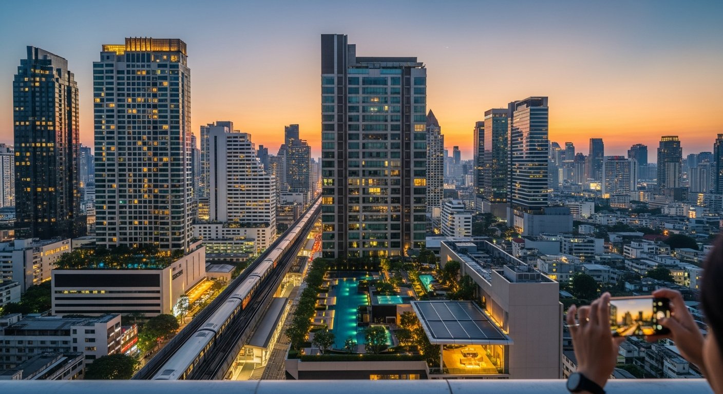 バンコクのコンドミニアム屋上プールから望む都市スカイライン