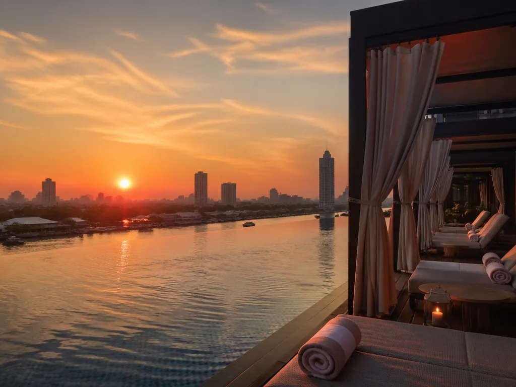 Capella Bangkok riverside infinity pool at sunset with couple cabanas