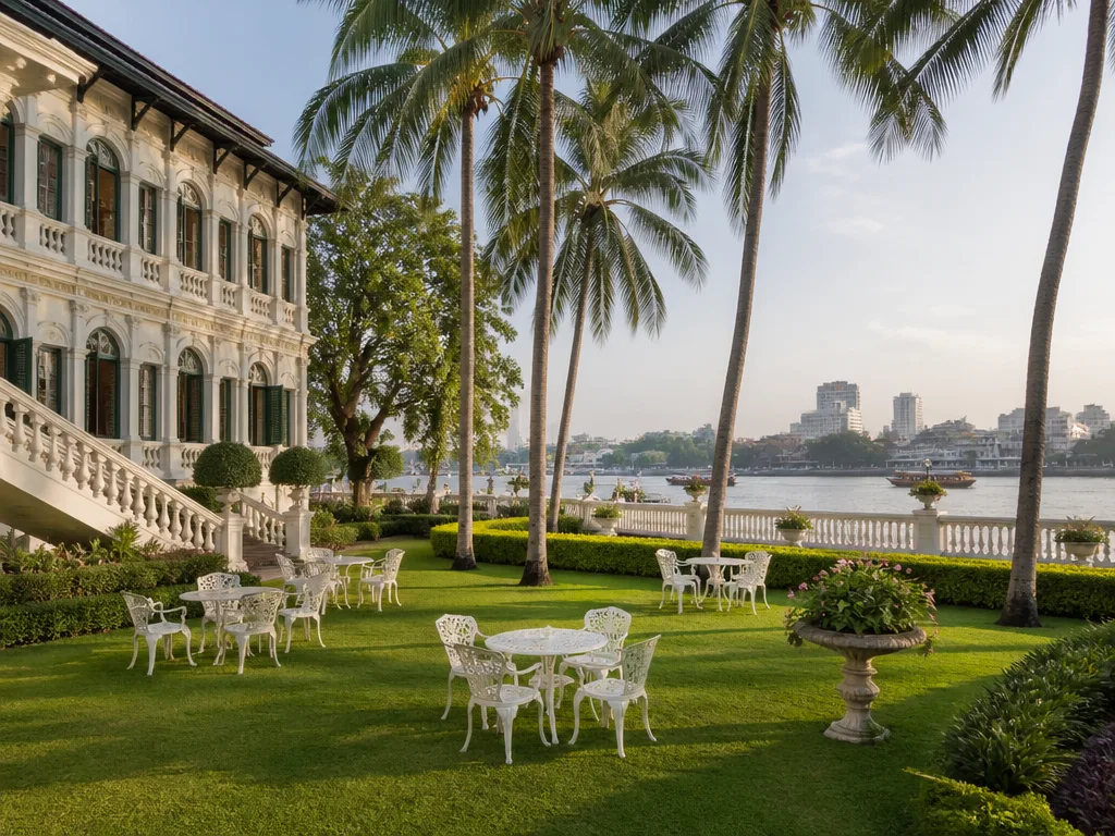 Mandarin Oriental Bangkok riverside lawn with white garden furniture