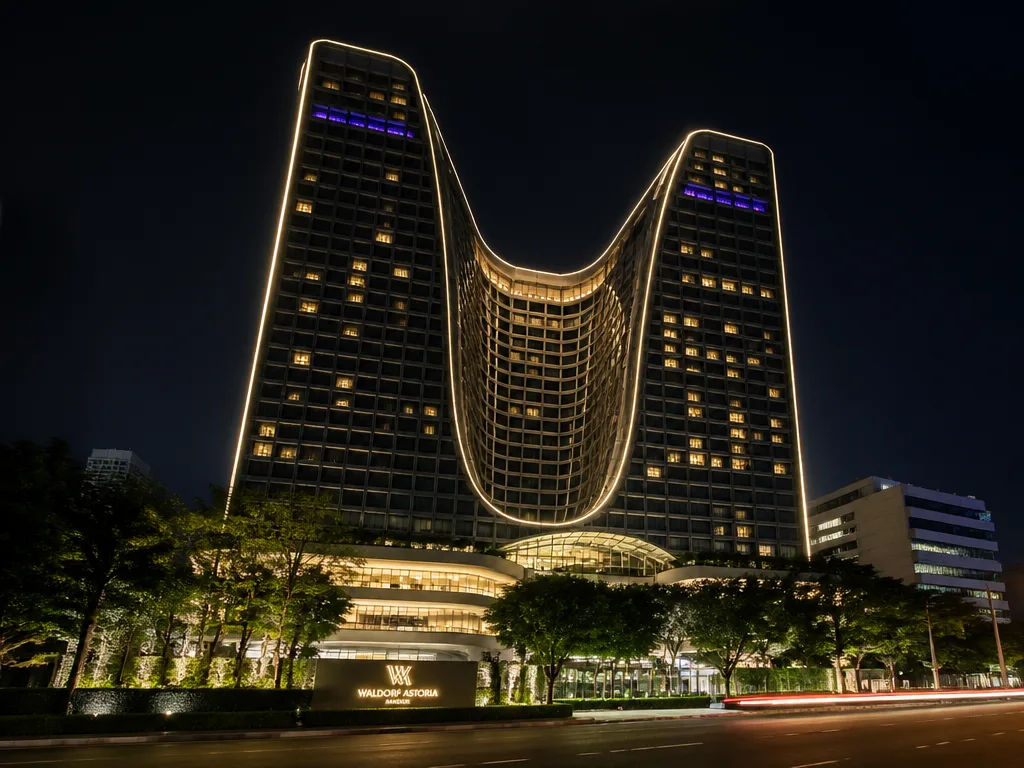 Peninsula Bangkok three-tier riverside pool with palm trees