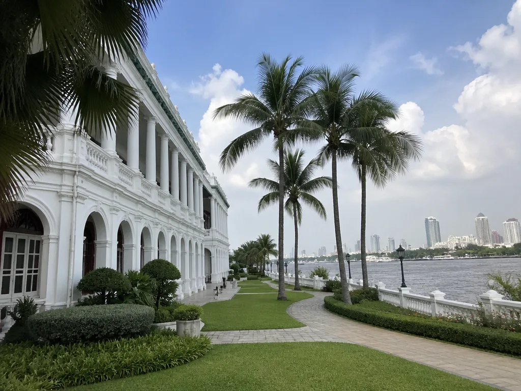 Mandarin Oriental Bangkok riverside heritage facade with palm trees