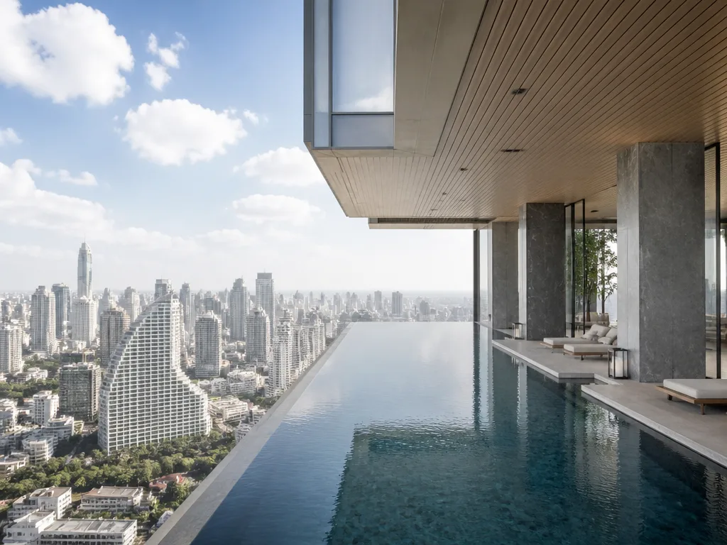 Okura Prestige Bangkok cantilevered infinity pool extending over building
