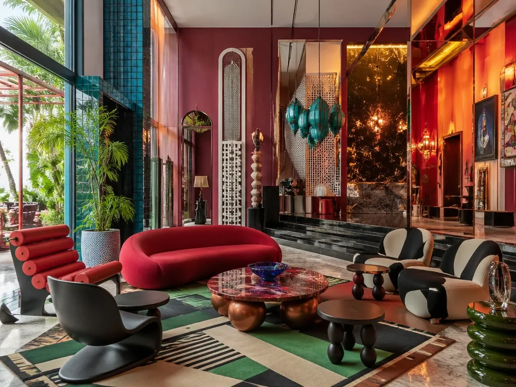 Standard Bangkok Mahanakhon lobby with saturated color design
