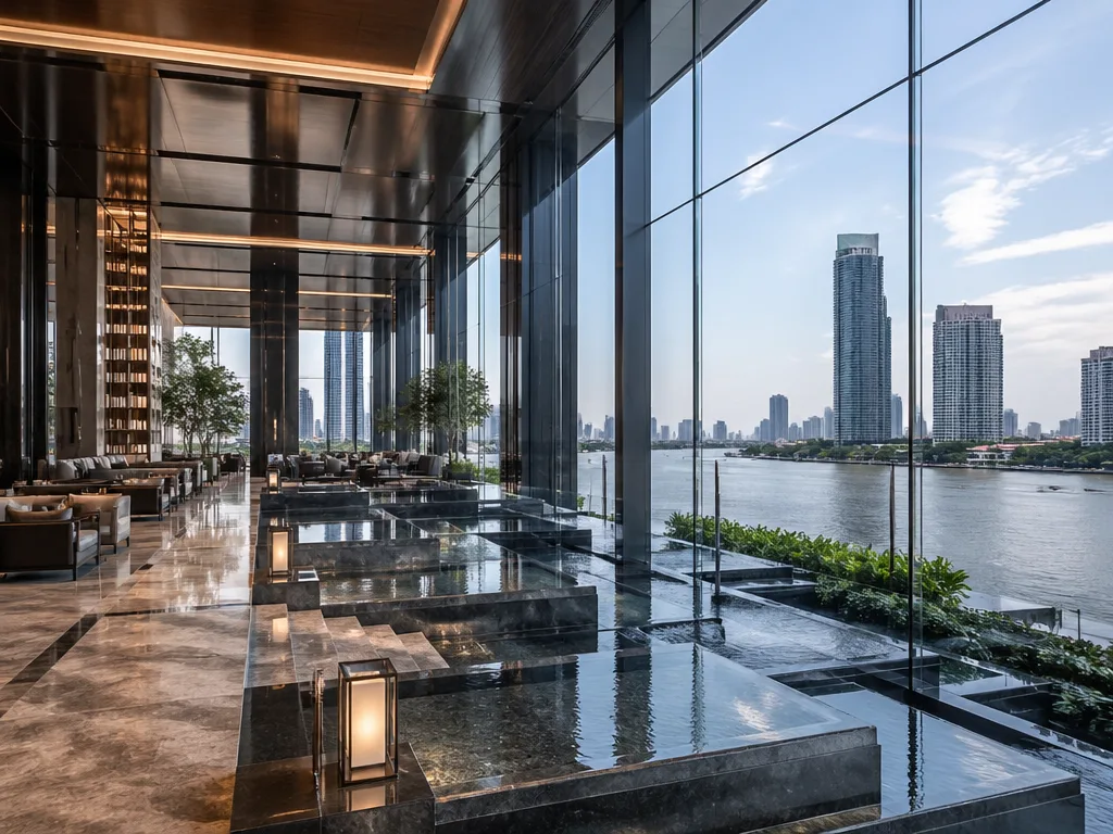 Four Seasons Bangkok cascading reflecting pools toward river