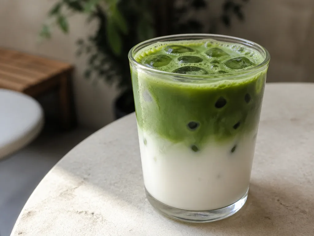 Iced ceremonial matcha latte close up on a cafe table