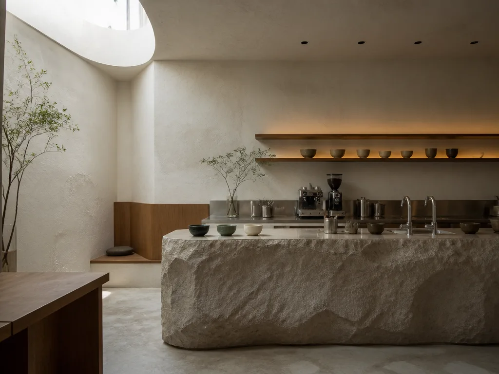 Minimalist Bangkok matcha cafe interior with soft daylight