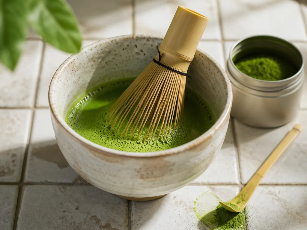 Ceremonial matcha being whisked in a stone bowl with a bamboo chasen