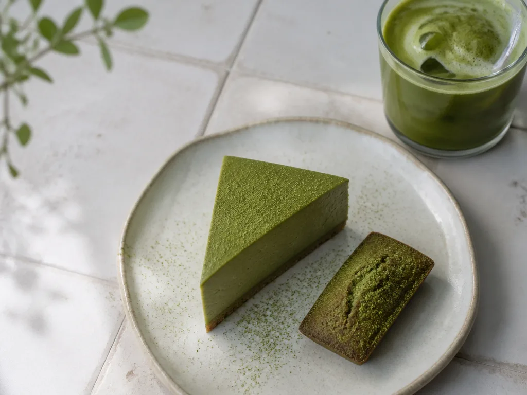 Matcha dessert and sweets on a ceramic plate at a cafe