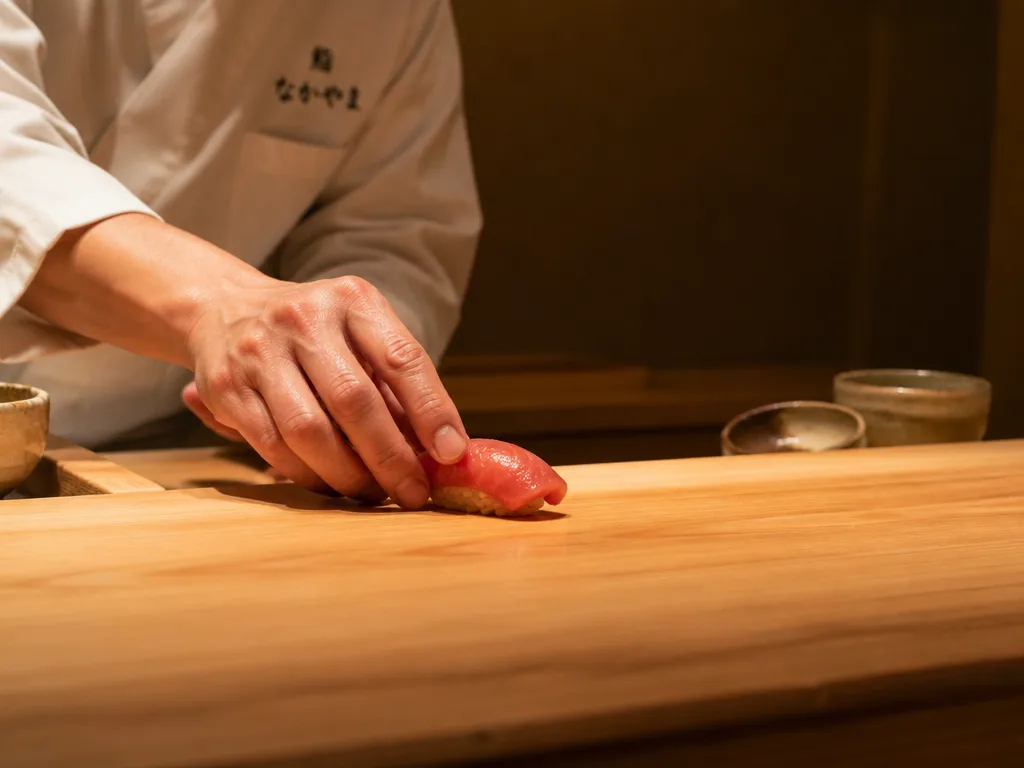 Chef preparing nigiri sushi at Bangkok omakase counter