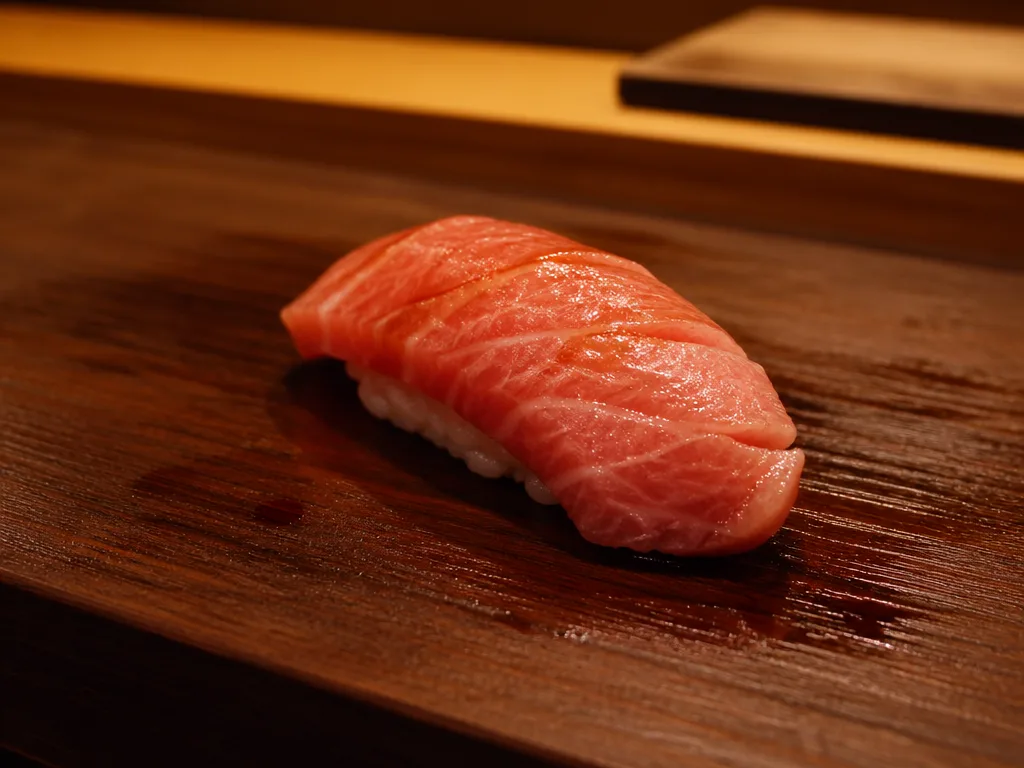 Otoro fatty tuna nigiri on wooden sushi board
