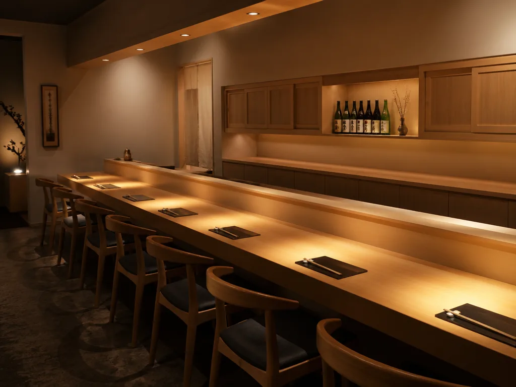 Bangkok omakase restaurant interior with ten-seat counter