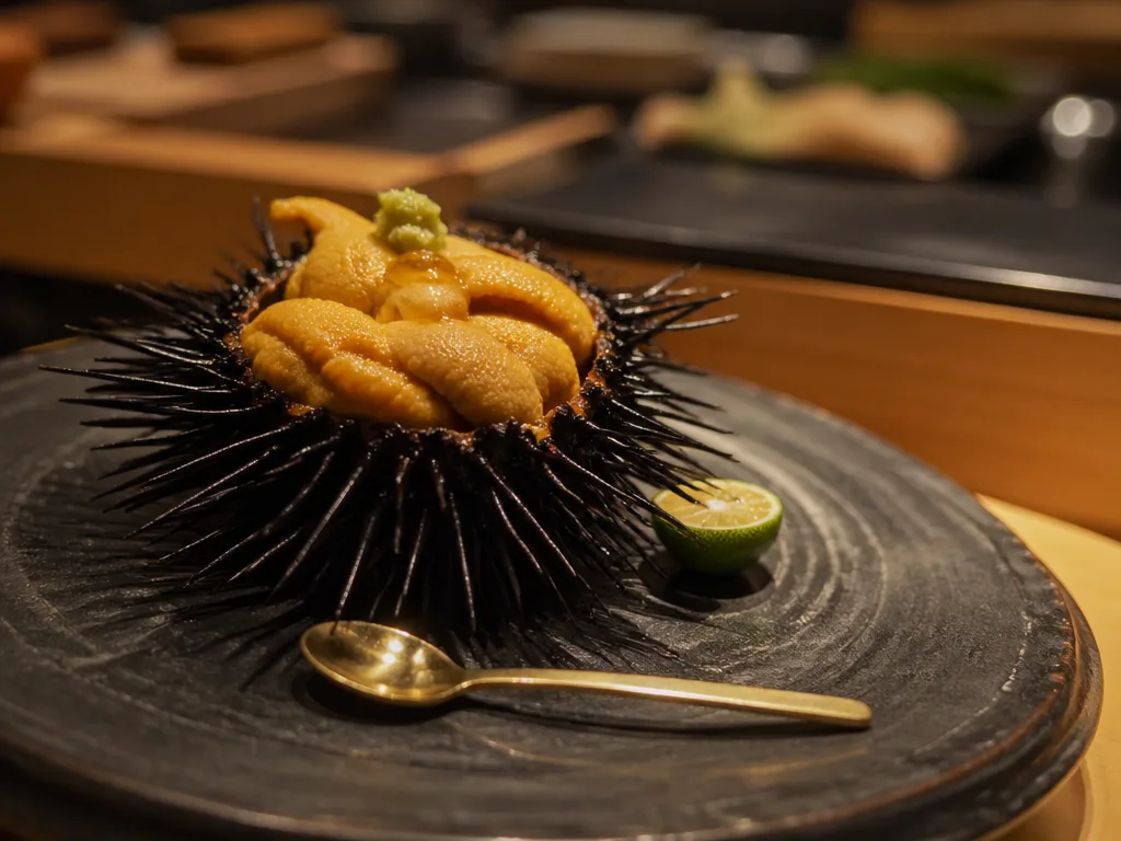 Uni sea urchin served in shell on omakase course